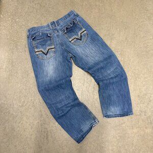 Helix blue Y2K jeans with unique back pocket details